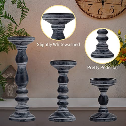Romadedi Black and Gray Distressed Wood Pillar Candle Holders, Set of 3 | Rustic Farmhouse Wood Candle Set for Mantel, Dining Table Centerpiece, Entryway, Shelf. - color: Black