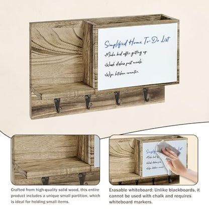 Rustic Mail and Key Holder wall Mount, Brown Solid Wood with Magnetic Whiteboard, 4 Hooks, Entryway Organizer