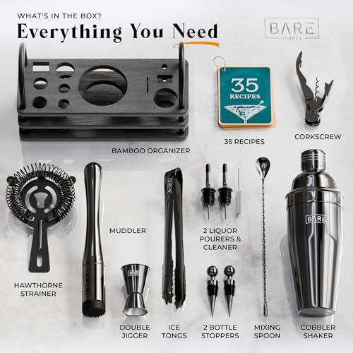 BARE BARREL® Mixology Bartender Kit Bar Set | 14-Piece Cocktail Shaker Set | Martini Barware Mixing Tools for Home Bartending | 35 Recipe Cards | Gift Set (24oz Cobbler Shaker, Jet Black/Black) - color: Jet Black/Black