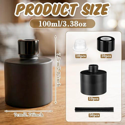 10 Set Reed Diffuser Bottles, 100ml Glass Jars with Stick, Black | Empty Glass Bottles, Refillable Fragrance, Black Caps, Inner Stoppers, for DIY Scent Blends, Living Room Home, No Oils - color: Black