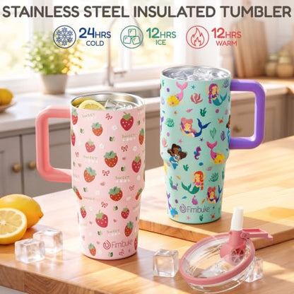 Fimibuke 20oz Kids Insulated Tumbler with Handle, Toddler Water Bottle | Leakproof 18/8 Stainless Steel Cups w/ Flip Straw Lid & Silicone Straw, BPA Free Water Bottle Kids School Gift for Boys Girls - color: Dinosaur & Monster Trucks