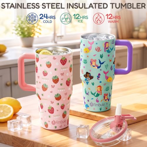 Fimibuke 20oz Kids Insulated Tumbler with Handle, Toddler Water Bottle | Leakproof 18/8 Stainless Steel Cups w/ Flip Straw Lid & Silicone Straw, BPA Free Water Bottle Kids School Gift for Boys Girls - color: Strawberry & Mermaid
