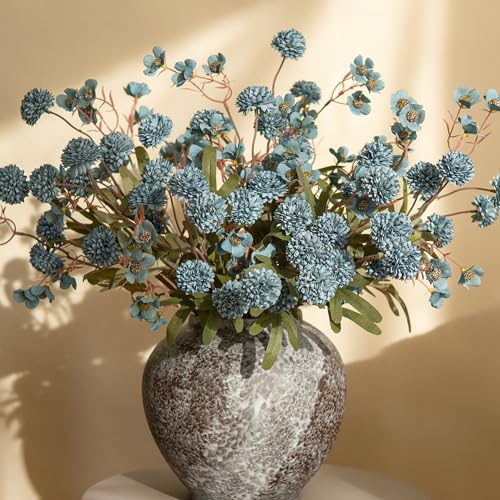 Fake Kiku Flowers, Faux Silk Pompon Mums Artificial Flowers, Chrysanthemum Stems Floral Arrangement Dried Flowers Vintage Decorative Indoor Home Decor Blue with Wax (Vase not Included) - color: 8pcs-blue Wax&kiku