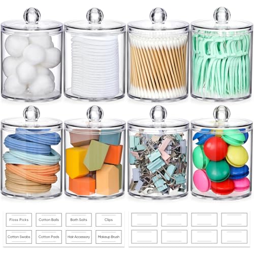8 Pack Acrylic Qtip Holder Dispenser for Cotton Swabs, Balls, Floss Picks | Thick, Highly Clear, w/ Labels - Small Canister Apothecary Jar Set, Bathroom Decor Essentials, Shelf Vanity Storage Organizer - color: Clear-8 Pack