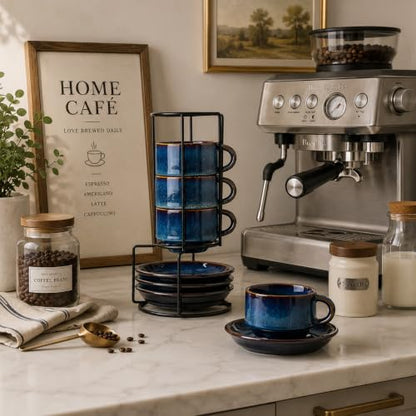 JIEMEI HOME Porcelain Stackable Cappuccino Cups with Saucers and Metal Stand, 7 Ounce Espresso Cups for Latte Coffee Cafe, Specialty Coffee Drinks, Cappuccino and Tea - Set of 4, Midnight Tide - color: Midnight Tide