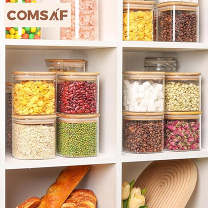 ComSaf Square Glass Containers with Lids 0.7 Qt, Set of 9 Small Galss Jars | Small Kitchen Canisters, Spice Jar, Pantry Organizers, Family Snack Station, Size For Subpackage, BPA Free, Cookie, Dry Food - size: 0.7Qt*9