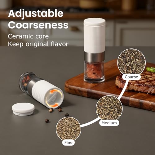 Mini Salt and Pepper Grinder Set Small Tiny Adjustable Coarseness Ceramic Salt Grinder with Funnel and Bag Portable Handy Spice Pepper Mill Shaker For Outdoor Party Lunch Bag Kitchen White - color: White 2-Pack