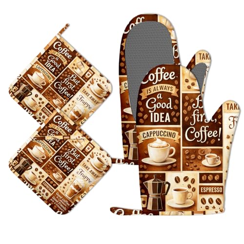 Oven Mitts and Pot Holders Retro Cafe Silicone Kitchen Accessories Set of 4 Heat Resistant Gloves Potholder Non-Slip Grip for Chef Cooking Baking Grilling BBQ - color: Retro Cafe