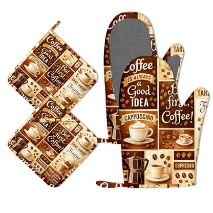 Oven Mitts and Pot Holders Retro Cafe Silicone Kitchen Accessories Set of 4 Heat Resistant Gloves Potholder Non-Slip Grip for Chef Cooking Baking Grilling BBQ - color: Retro Cafe