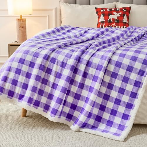 BEAUTEX Christmas Sherpa Fleece Throw Blanket Soft Warm Buffalo Plaid | Plush Blanket & Throw, Winter Cozy Fuzzy for Couch, Sofa, Bed (Purple, 50" x 60") - color: Purple, size: Throw-50"x60"