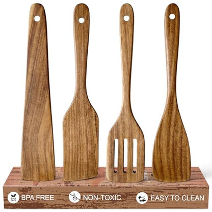 Acacia Wooden Spatula Set Non Toxic Kitchen Utensil Set Slotted Turner | Flat Wood Wok Spatulas for Cooking Spoon Kitchen Spurtle Bamboo Cooking Utensils Fish Egg Flipper Spatula Cast Iron Scraper - size: 4 Pieces
