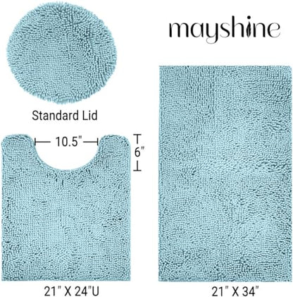 Standard 3pc Set Chenille Bath Mats, Includes 21"x24" U-Shaped Contour Toilet Rug, 21"x34" Inches Bathmat and 1 Toilet Lid Cover, Plush Absorbent Bath Mats Quick Dry, Spa Blue - color: Spa Blue, size: 24"x21", 34"x21" and TLC (Set)