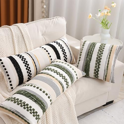 Dark Green Boho Lumbar Throw Pillow Cover 14x36 | 1 Piece,Durable Fabric,Stripe Pillow Cover,Farmhouse Cushion Case,Chenille Pillow Case,Neutral Pillowcase for Sofa Couch Bed - color: Dark Green Stripe, size: 36" x 14" (Pack of 1)