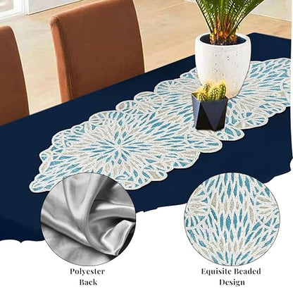 Beaded Table Runner, Sky Blue White, 36x13 | Glass beads on polyester backing, 36x13 in, coastal style, weddings, holidays, farmhouse dining tables - color: Sapphire Salt, size: 36"x13"