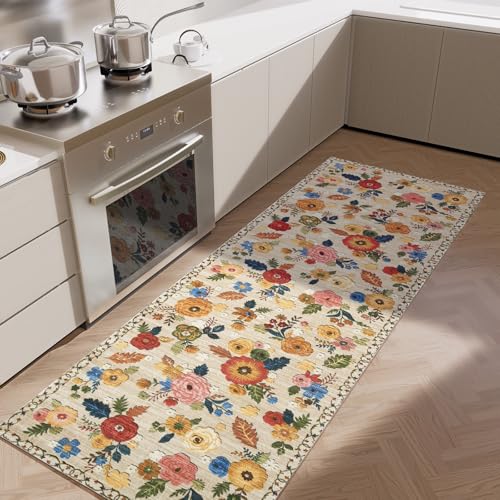2x6 Hallway Washable Runner Rug: Vintage Kitchen Rug Runner with Non Slip Backing Low Pile Soft Faux Wool Non Shedding Distressed Carpet Runners for Entryway Living Room Bedroom Bathroom Farmhouse - color: Beige Floral, size: 2' x 6' (Rectangular)