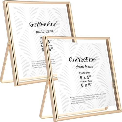 Gold 6x6'' Floating Frame Set of 2,For Photo Sizes(5x5'',4x4'' or 3x3''),Beautiful Metal Beaded Frames Adjustable Tabletop/Shelf Photo Frame,Classy Present Choice for Wedding,Birthday or Christmas Gift - color: Gold, size: 6x6''For 5x5''2PK