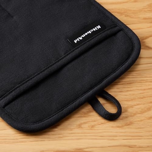 KITCHENAID Gourmet Series Gridlines Pot Holders 2-Pack Set, Heat Resistant up to 600°F, Soft Silicone Grip, Magnetic Cuff, Matte Black, 8"x8" - color: Matte Black