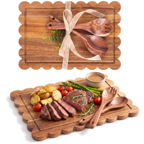 3 Pcs Housewarming Wedding Bridal Shower Kitchen Gift, Acacia Wood Scalloped Cutting Board with Salad Spoon Fork, Wooden Charcuterie Serving Tray Platter for New Home Party Table Decoration