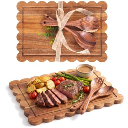 3 Pcs Housewarming Wedding Bridal Shower Kitchen Gift, Acacia Wood Scalloped Cutting Board with Salad Spoon Fork, Wooden Charcuterie Serving Tray Platter for New Home Party Table Decoration