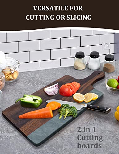 Cutting Board with Marble and Wood, 16.5”X 7” Cheese Board with Handle,Serving board for Bread, Cheese, Meat, Fruits, and Vegetables, Charcuterie Boards for Kitchen as Serving Trays