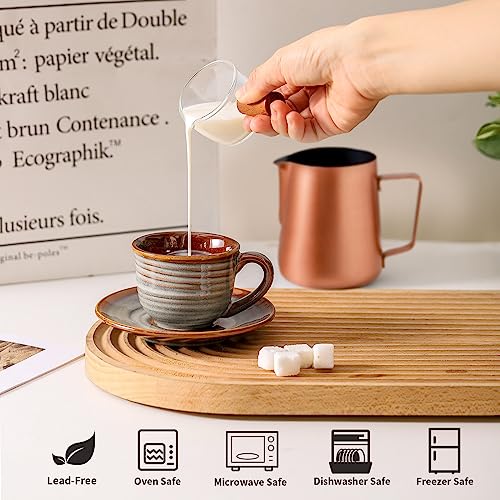 Hasense Espresso Cups with Saucers, 4 oz Small Ceramic Espresso Coffee Mugs Set of 4, Cute Cappuccino Cup Set, Demitasse Cups Perfect for Espresso Shots, Cappuccino, Tea-Grey Brown - color: Grey Brown, size: 4oz - Set of 4