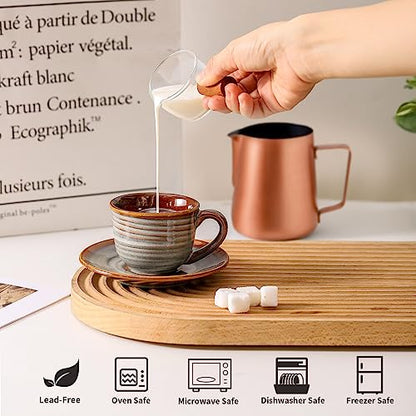 Hasense Espresso Cups with Saucers, 4 oz Small Ceramic Espresso Coffee Mugs Set of 4, Cute Cappuccino Cup Set, Demitasse Cups Perfect for Espresso Shots, Cappuccino, Tea-Grey Brown - color: Grey Brown, size: 4oz - Set of 4