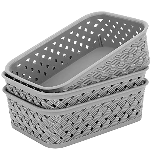 MaxGear 3 Pack Plastic Storage Baskets, Small, Grey | Durable Woven Plastic with Built-In Handles, Suitable for Shelves, Closets, Cabinets, Bathrooms and Offices - color: Grey, size: Small