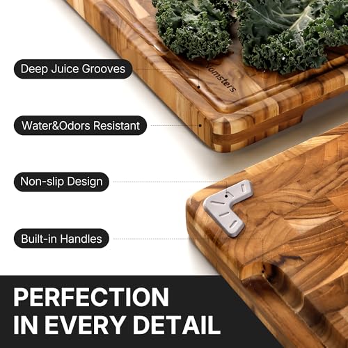 Teak Wood End Grain Cutting Board for Kitchen with Non-slip Feet, Heavy Duty Checkered Cutting Board Upgraded Chopping Board with Juice Groove & Handle Large Wooden Butcher Block with Gift Box - size: 17"L x 12"W