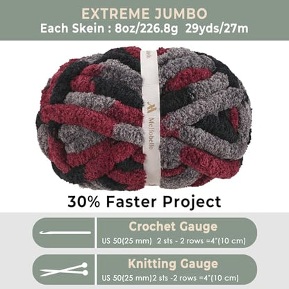 Jumbo Chunky Yarn for Hand Knitting - Super Thick Chenille Chunky Yarn for Crocheting - Extra Soft Bulky Fluffy Blanket Big Yarns 8 Jumbo Pack (27yds,8 oz Each Skein) - color: Burgundy Night