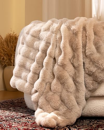 Ultra Soft Cozy Faux Fur Throw Blanket, Fuzzy Plush Thick Bubble Blanket, Oversize Luxury Fluffy Blanket for Couch, Bed, and Living Room, 60x80 Inches, Light Brown - color: Bubble Light Brown, size: Twin