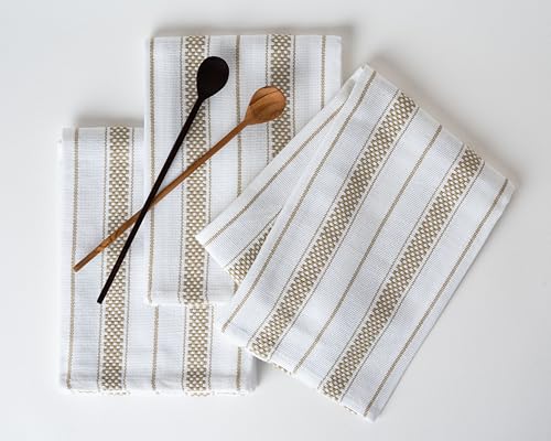 Kitchen Towels Set – Pack of 3 (20’’ x 30’’) Extra Large Premium Cotton Dish Towels for Kitchen – Chain Stripe Towels – Absorbent – 100% Cotton – with Hanging Loop – Taupe - color: Beige Chain Striped, size: Pack of 3