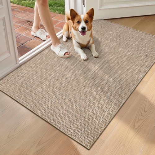 LUMI Ultra Thin Indoor Door Mat 36x56, Non-Slip Rubber Dirt Trapper | Low Profile Entryway Mat, Dirt Resistant Doormat, Stain Resistant Durable, Easy Clean for Inside, Patio, Porch, Khaki - color: Khaki, size: 3' x 4'8" (Rectangular)