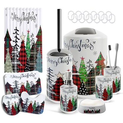 Clara Clark Bathroom Set - Christmas Bathroom Sets with Shower Curtain and Rugs, Xmas Bathroom Accessories Set, 22PC Christmas Shower Curtain Set with Liner, Soap Dispenser, Toilet Brush, & Trash Can - color: Christmas, size: Complete Set + Bath Rugs