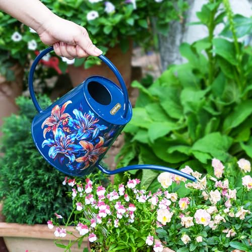 Berry&Bird 2L Long Spout Watering Can, Stainless Steel (Lilium Brownii) | 2L stainless steel watering can, long narrow spout, elegant print, curved handle, leakproof, houseplant watering & decor - color: Lilium Brownii
