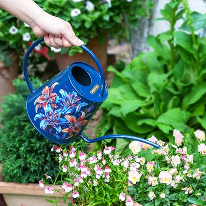Berry&Bird 2L Long Spout Watering Can, Stainless Steel (Lilium Brownii) | 2L stainless steel watering can, long narrow spout, elegant print, curved handle, leakproof, houseplant watering & decor - color: Lilium Brownii