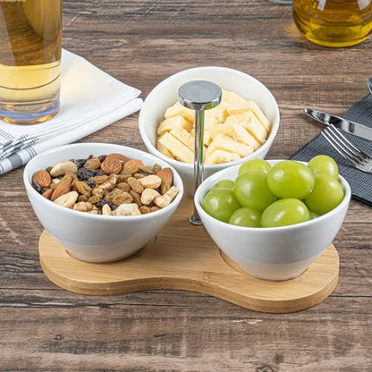 Restaurantware-15 Ounce Bowl Set with Tray - 1 Dishwashable Serving Set, Includes 3 Porcelain Bowls And 1 Bamboo Tray, Durable, White Porcelain And Bamboo Bowl And Platter Kit, Reusable, Freezable - size: Triple set, style: Incline