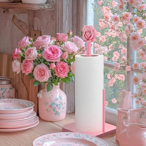 Leinuosen Pink Rose Paper Towel Holder Coquettish Cute Rose Wooden Paper Towel Holder Pink Bathroom Countertop Accessories Kitchen Roll Stand Organizer Standing Apartment Decor Housewarming Gift - style: Pink Roses