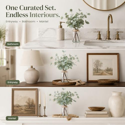 5 Pcs Rustic Farmhouse Decor Set Wooden Decorative Tray, Solid Wood Bead, Glass Vase, Faux Eucalyptus Stems and Jute Rope, Farmhouse Coffee Table Decor for Home Office, Bathroom, and Wedding