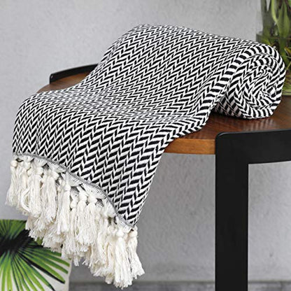 Peshtemania Premium Cotton Light Weight Boho Throw Blanket 50”x60” Gray Black and Off White for Bed Chair Couch Farmhouse Turkish Throws for Sofa Bedroom Outdoor Fall Throw Blanket Yoga Blanket - color: Black