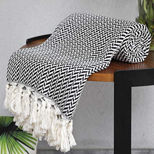 Peshtemania Premium Cotton Light Weight Boho Throw Blanket 50”x60” Gray Black and Off White for Bed Chair Couch Farmhouse Turkish Throws for Sofa Bedroom Outdoor Fall Throw Blanket Yoga Blanket - color: Black