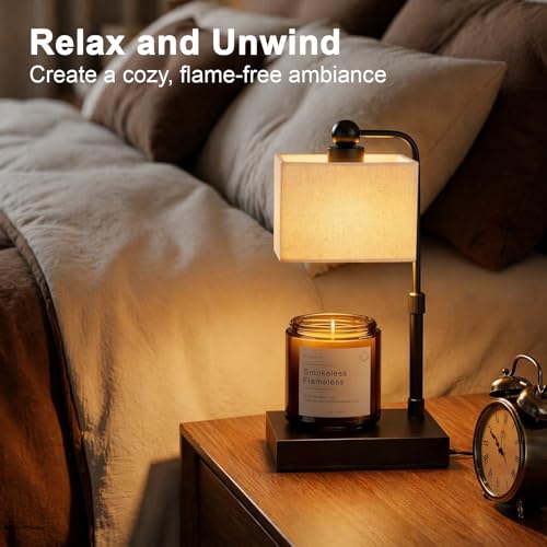 Candle Warmer Lamp with Timer, Dimmable, Adjustable Height, Modern Farmhouse Linen Shade, Black Candle Warming Lamp for Up to 6-Inch Jar Candles, 2 Bulbs Included - color: Flaxen-Rectangular