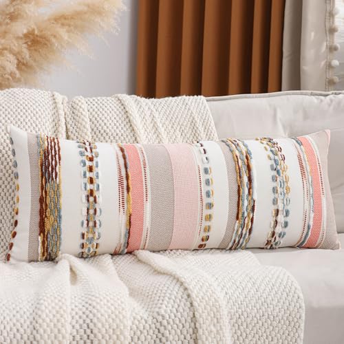 Boho Lumbar Throw Pillow Cover 14x36 Orange | 1 Piece,Durable Fabric,Stripe Pillow Cover,Farmhouse Cushion Case,Chenille Pillow Case,Neutral Pillowcase for Sofa Couch Bed - color: Orange Stripe, size: 36" x 14" (Pack of 1)