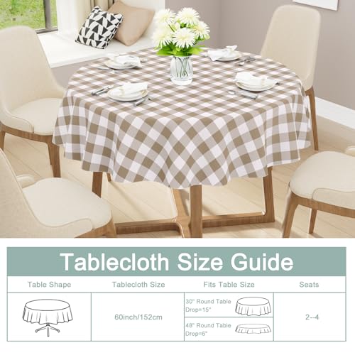 Round Waterproof Vinyl Table Cloth, Buffalo Flannel Backed Tablecloth, Wipeable Plastic Table Cover for Dinner, Kitchen, Picnic (60", Khaki and White) - color: Khaki and White, size: 60" (Round)
