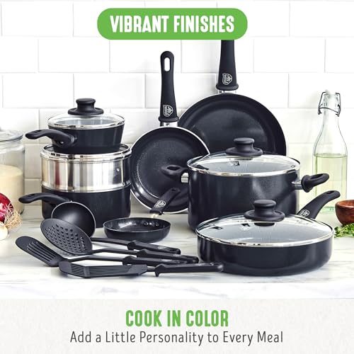 GreenLife 16 Piece Ceramic Nonstick Pots & Pans Cookware Set, Black | PFAS-Free Nonstick Coating, Stockpot, Frying Pans, Saucepans, Sauté Pan, Stay-Cool Handles, Dishwasher & Oven Safe up to 350F - color: Black, style: Soft Grip