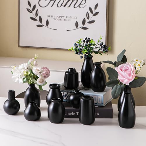 Ceramic Bud Vase Set of 12, Black Small Vases | Mini single stem vases for flowers, wedding centerpieces, dining table, shelf display, modern decor accents - color: Black - 12 Pcs