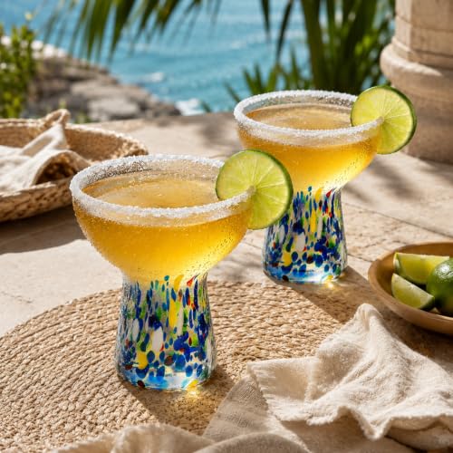 Large Stemless Hand Blown Confetti Margarita Glasses - 14 oz - Set of 2 | Colorful Artisan Glassware, Perfect for Margaritas, Martinis, Wine, Cocktails & Champagne, Great for Cinco de Mayo & Parties - style: Mexican Confetti Margarita Glass