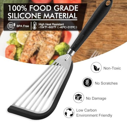 Stainless-Steel Slotted Flex Fish Turner, Set of 2, Kitchen Spatulas for Nonstick Cookware, Cooking Utensils for Flipping Eggs & Pancakes, Heat-Resistant, BPA Free, Dishwasher Safe, Black