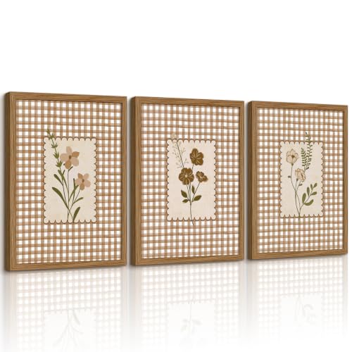 Vintage Floral Wall Art Cottage Core Wildflower Canvas Wall Decor Cottagecore Botanical Prints Gingham Farmhouse Flower Pictures Neutral Floral Poster for Bathroom Home Bedroom 12x16x3 Inch Framed - color: Gingham Flower Art, size: 12''x16'' Framed