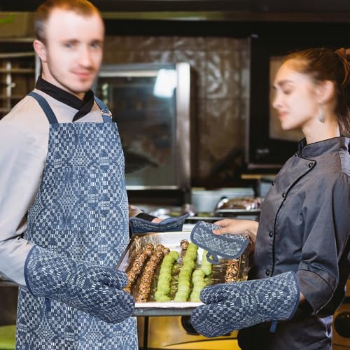 Oven Mitts and Pot Holders with Cooking Apron Set of 5, Heat Resistant Kitchen Gloves and Silicone Non-Slip Potholders (Dusty Blue) - color: Dusty Blue