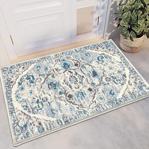 HEBE Indoor Door Mat 2'x3', Washable Welcome Mat for Front Door Entrance | Non Slip Soft Boho Entryway Rug, Vintage Distressed Low-Pile Entry Mats Floor Carpet for Entrance, Porch, Bathroom - color: Blue, size: 2' x 3' (Rectangular)